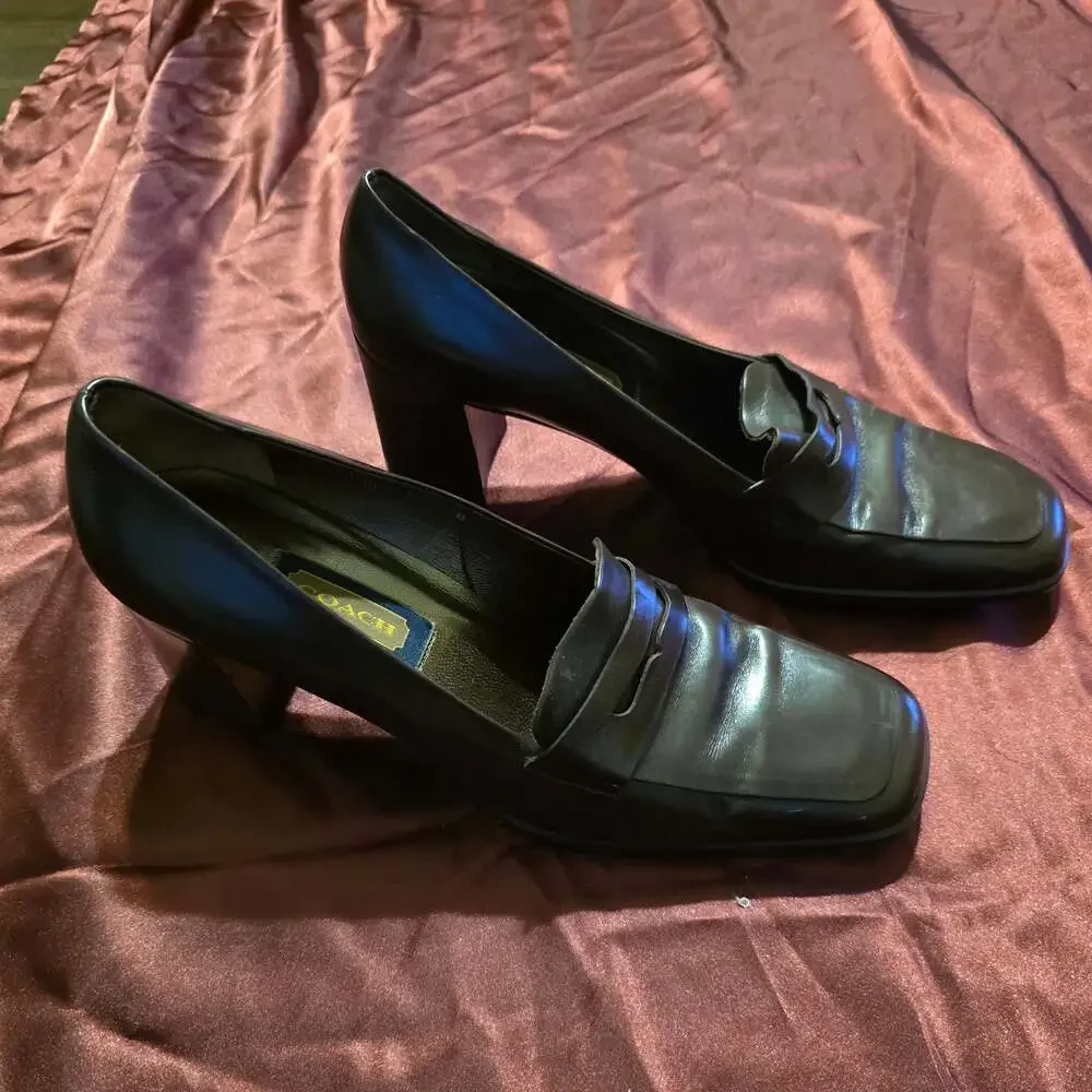 Coach Women's Brown Leather Penny Loafer Block Heel Pumps, Made in Italy